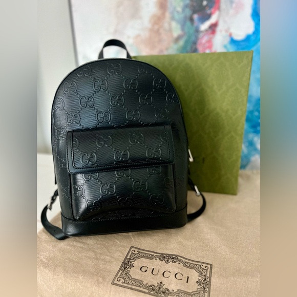 Gucci GG Embossed Medium Size Black Backpack Style # 6585791W3BN1000 - Picture 1 of 16